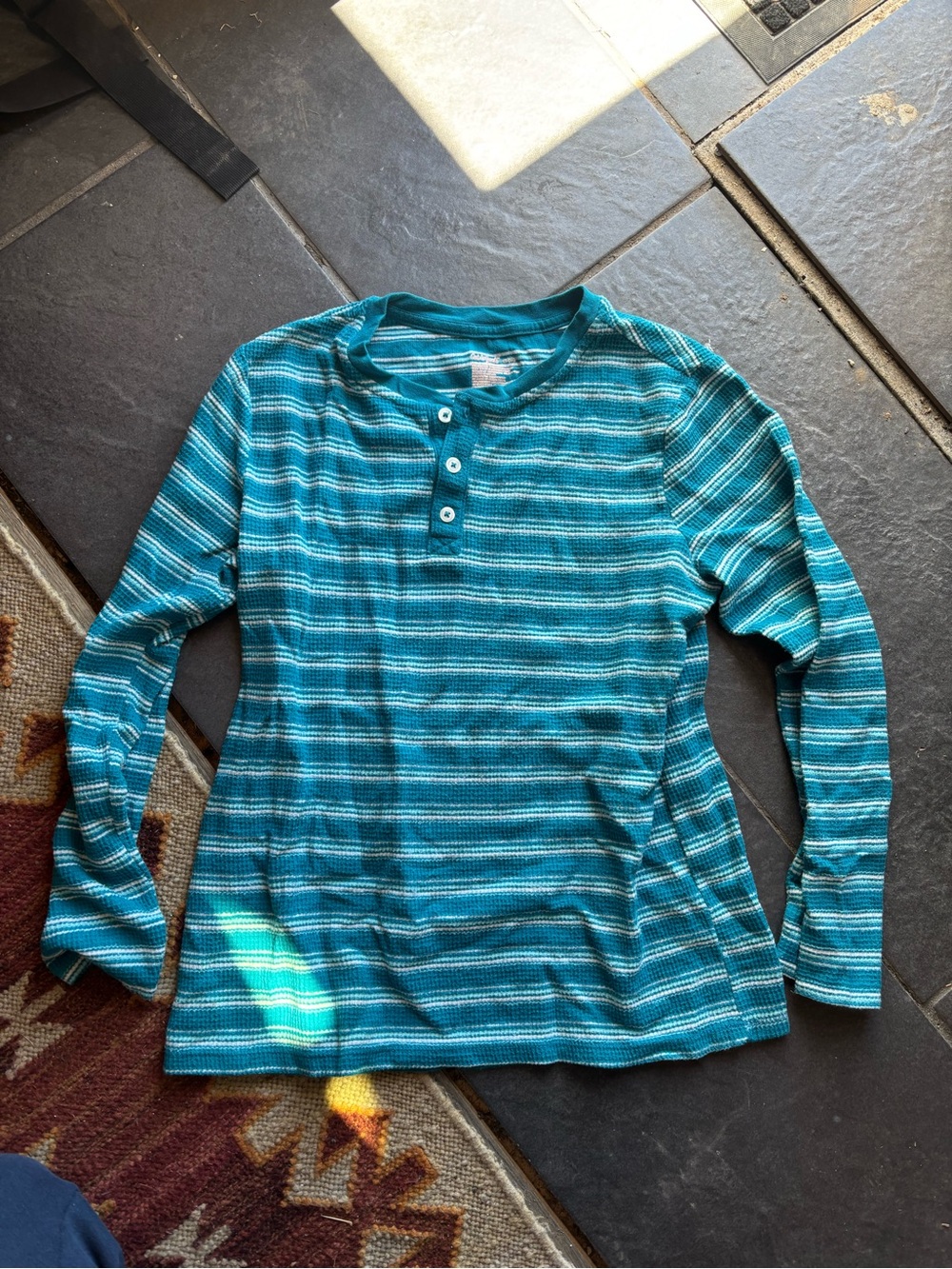 Long-Sleeve Henley Top - Teal Striped